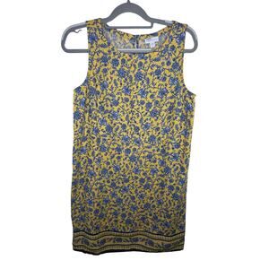 J Jill Love Linen PetiteSm Yellow n Blue floral Print W Pockets Shift Tank Dress